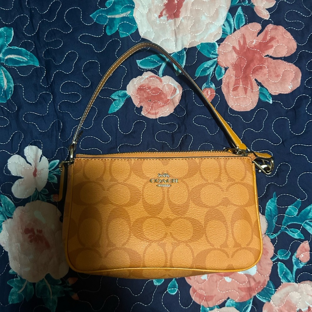 Coach Tan Shoulder Bag with Signature Monogram and Leather Trim